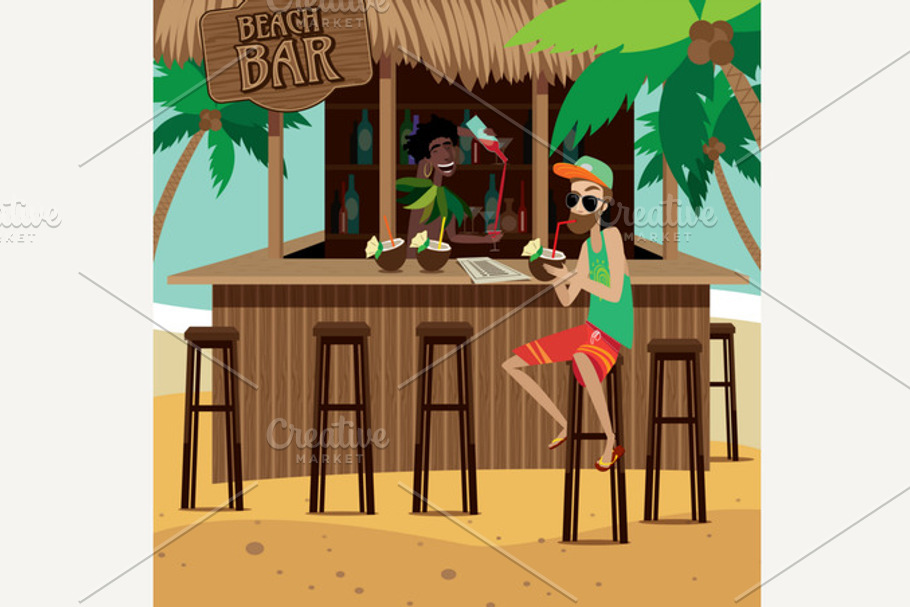 Man at beach bar drinks exotic cocktail in Illustrations - product preview 8