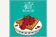Belgian waffles with red berries on lacy napkin