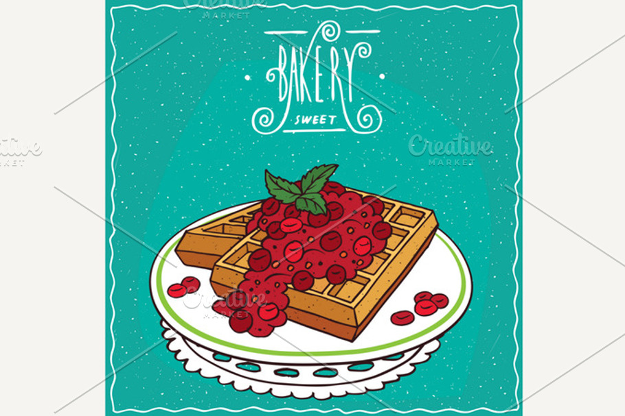 Belgian waffles with red berries on lacy napkin in Illustrations - product preview 8