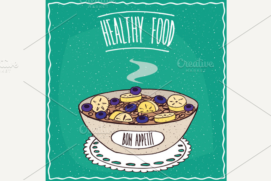 Bowl of oatmeal with bananas and blueberries in Illustrations - product preview 8