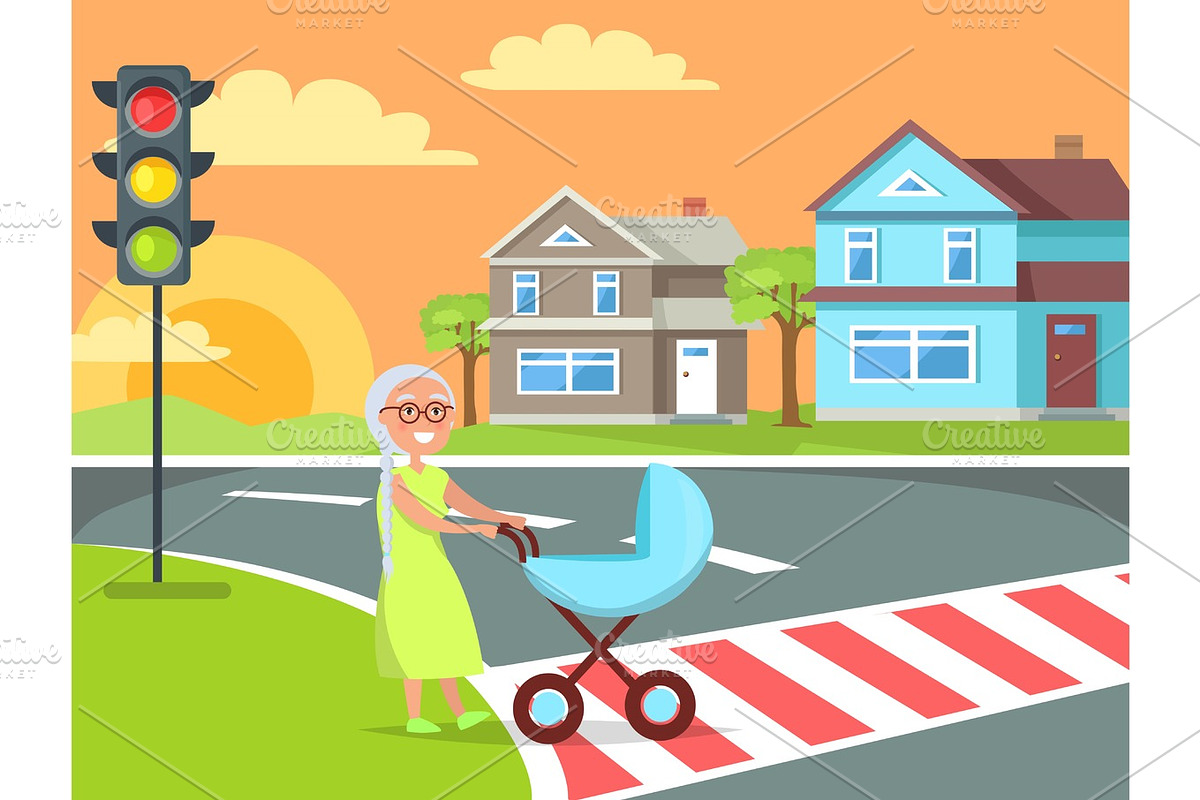 Grey Hair Lady with Pram Going on Crosswalk Vector in Objects - product preview 8
