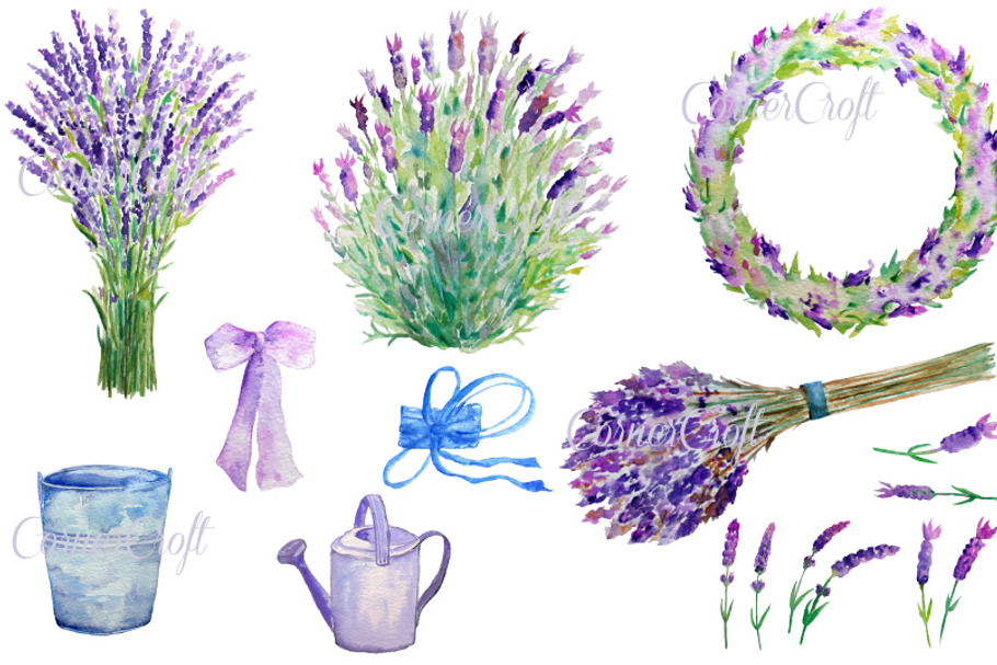 Watercolour Lavender Clip Art in Illustrations - product preview 8