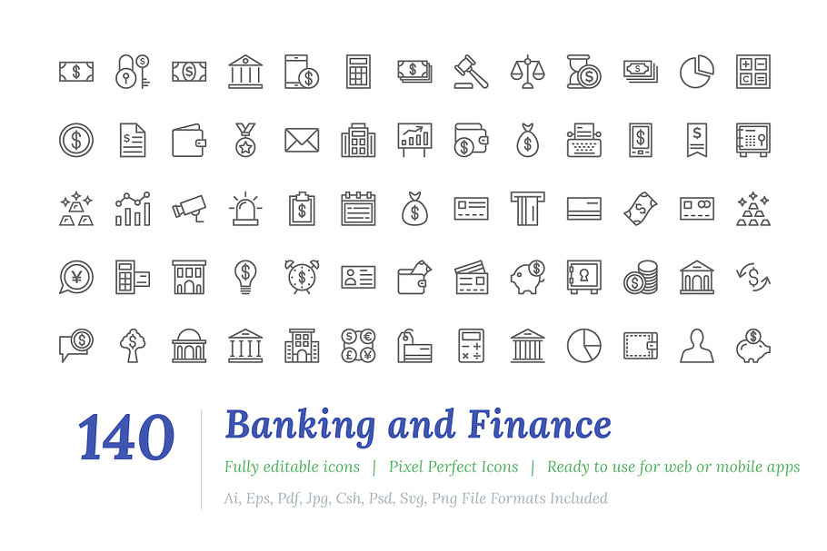 140 Banking and Finance Line Icons