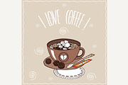 Cup of coffee with marshmallow on lacy napkin