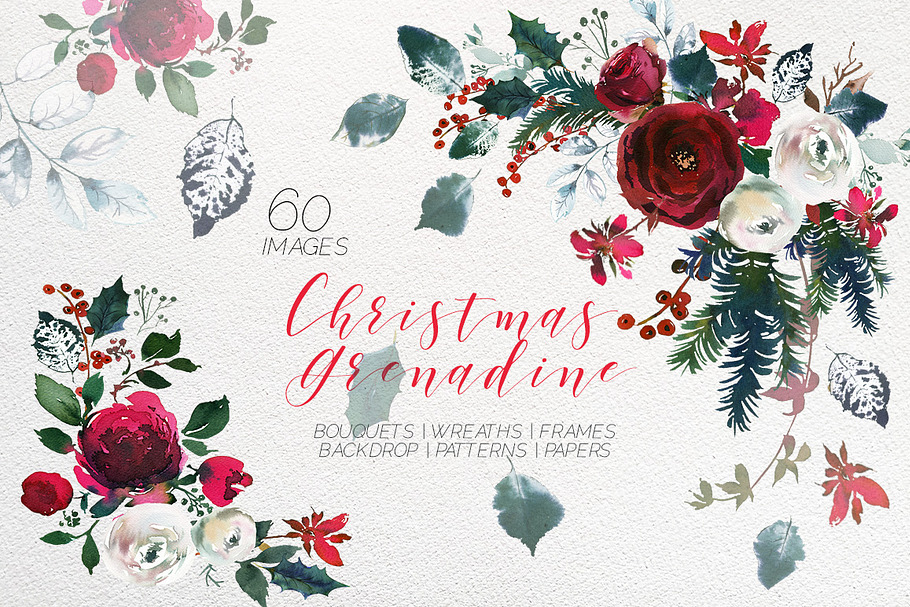 Christmas Watercolor Flowers Clipart in Illustrations - product preview 8
