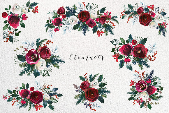Christmas Watercolor Flowers Clipart in Illustrations - product preview 1