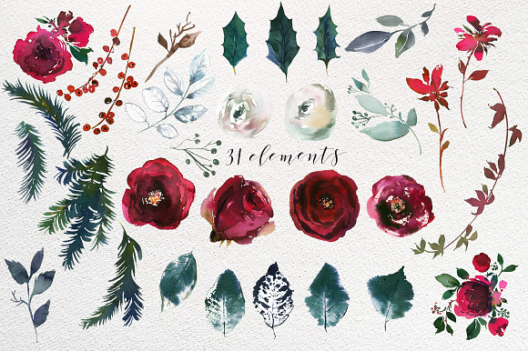 Christmas Watercolor Flowers Clipart in Illustrations - product preview 5
