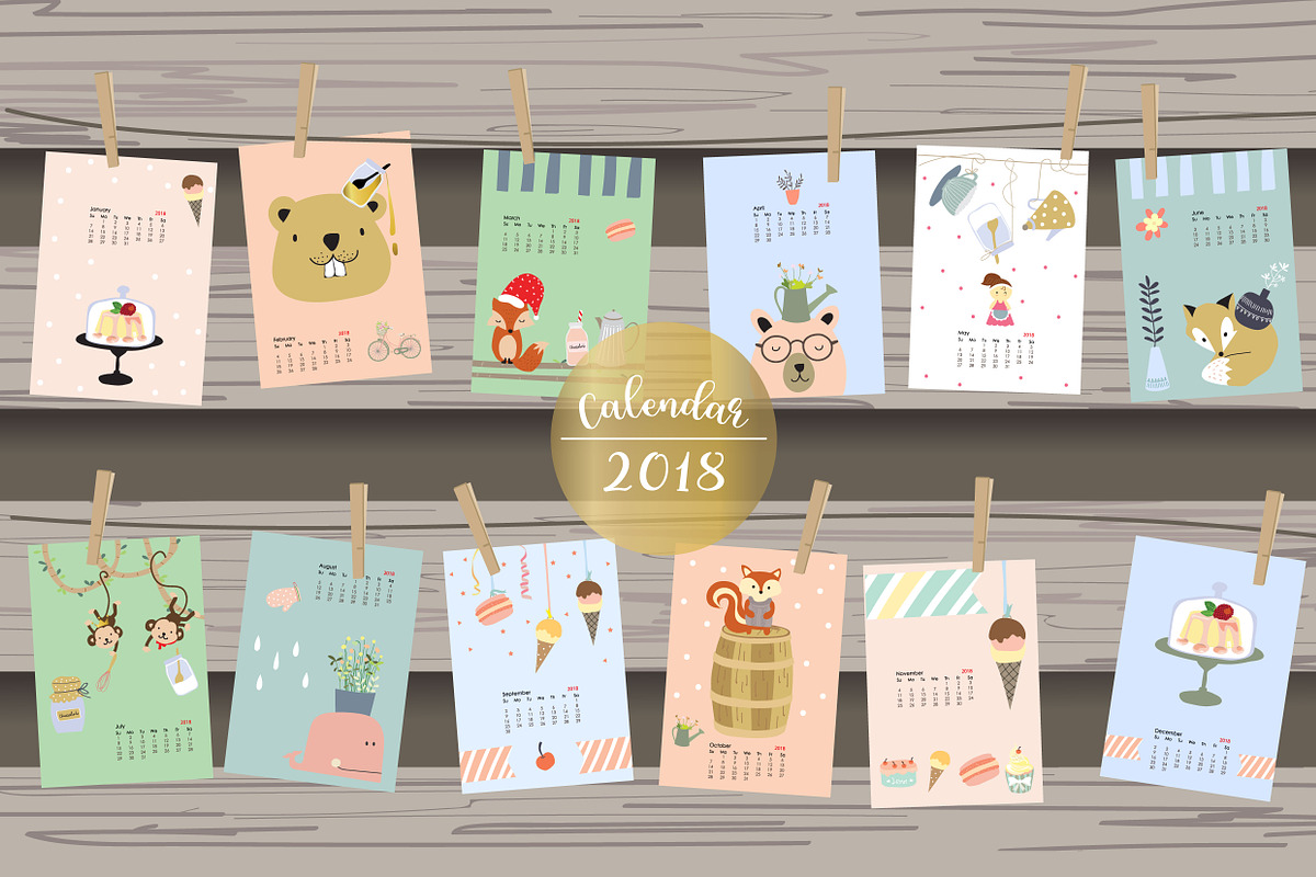 Calendar 2018 with cute animal 1# in Card Templates - product preview 8