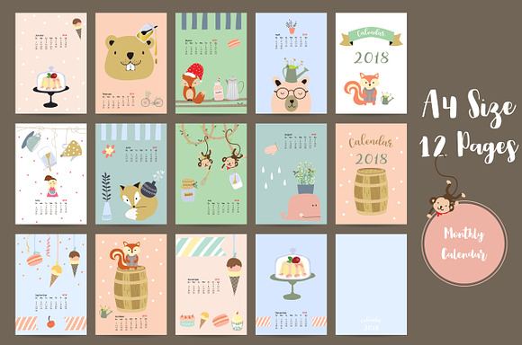 Calendar 2018 with cute animal 1# in Card Templates - product preview 1