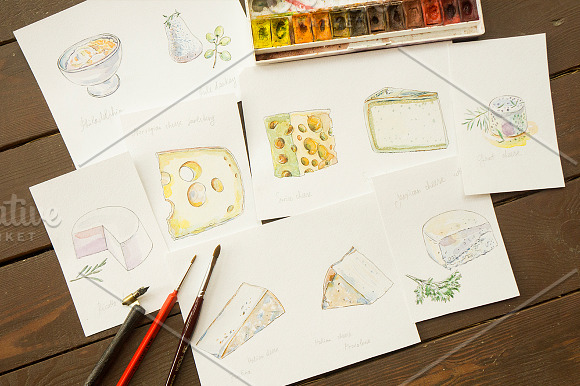 Watercolor cheese set-2 in Illustrations - product preview 1