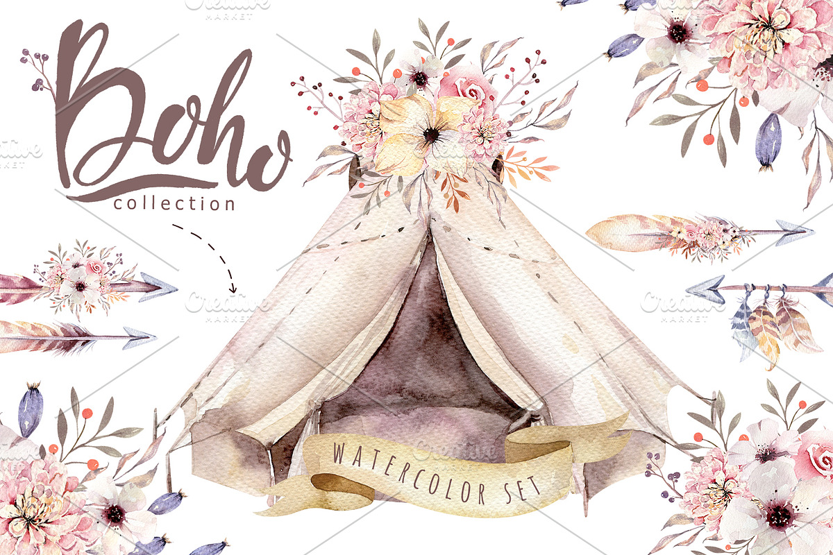 Watercolor boho collection in Illustrations - product preview 8