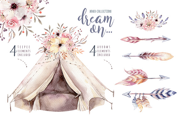 Watercolor boho collection in Illustrations - product preview 1
