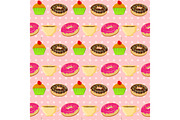 Vector seamless pattern with colorful donuts, muffins and tescup