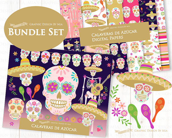 Sugar Skull Clipart+Pattern set in Illustrations - product preview 9