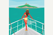 Girl standing on a yacht and admire the island