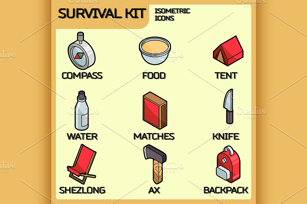 Survival kit isometric icons in Illustrations - product preview 8