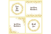 Set of luxury wedding card templates with golden glitter confetti