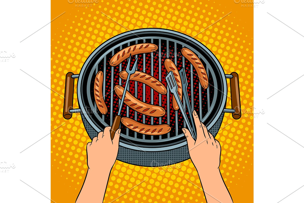 Hands grilling sausages on barbecue pop art vector in Illustrations - product preview 8