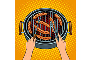 Hands grilling sausages on barbecue pop art vector