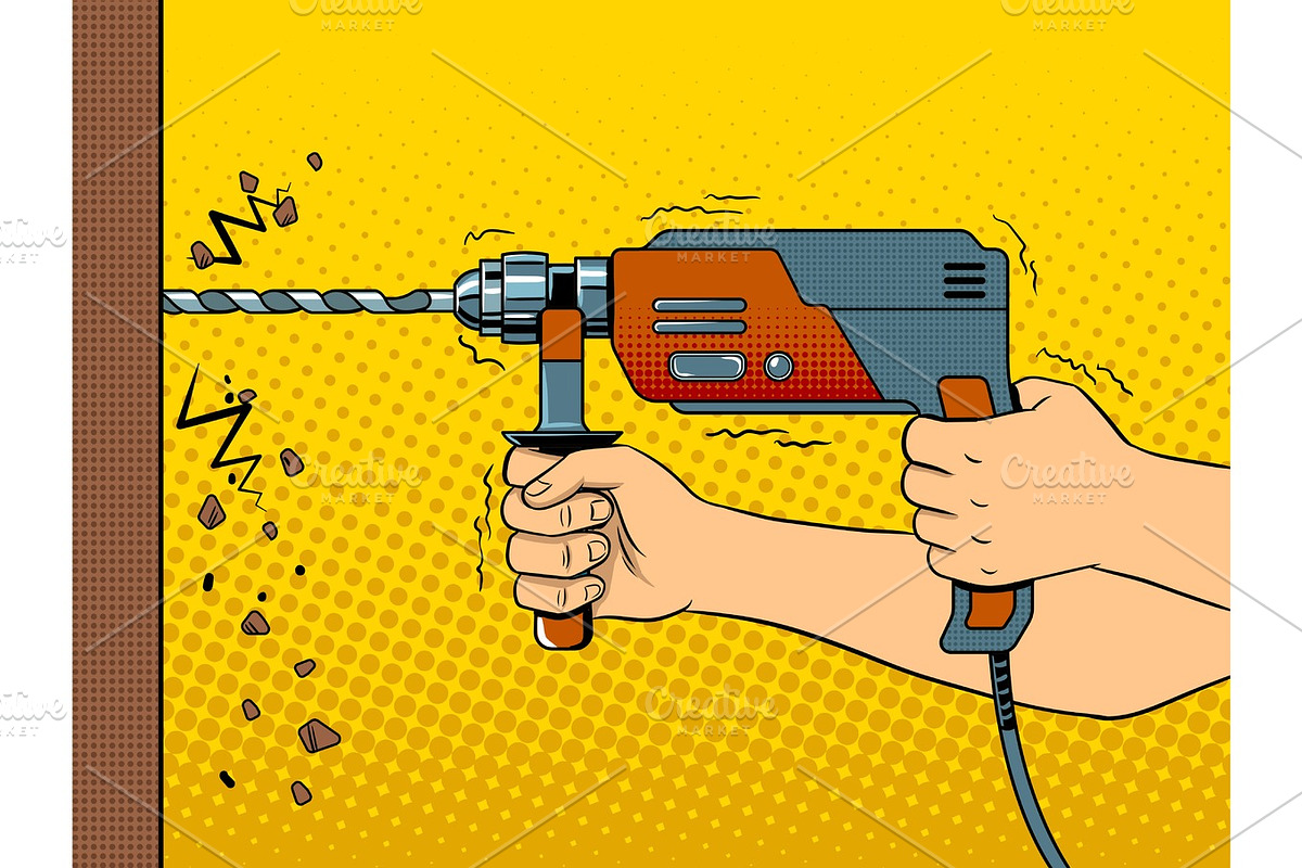 Hands drilling wall with rock drill pop art vector in Illustrations - product preview 8