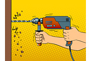 Hands drilling wall with rock drill pop art vector
