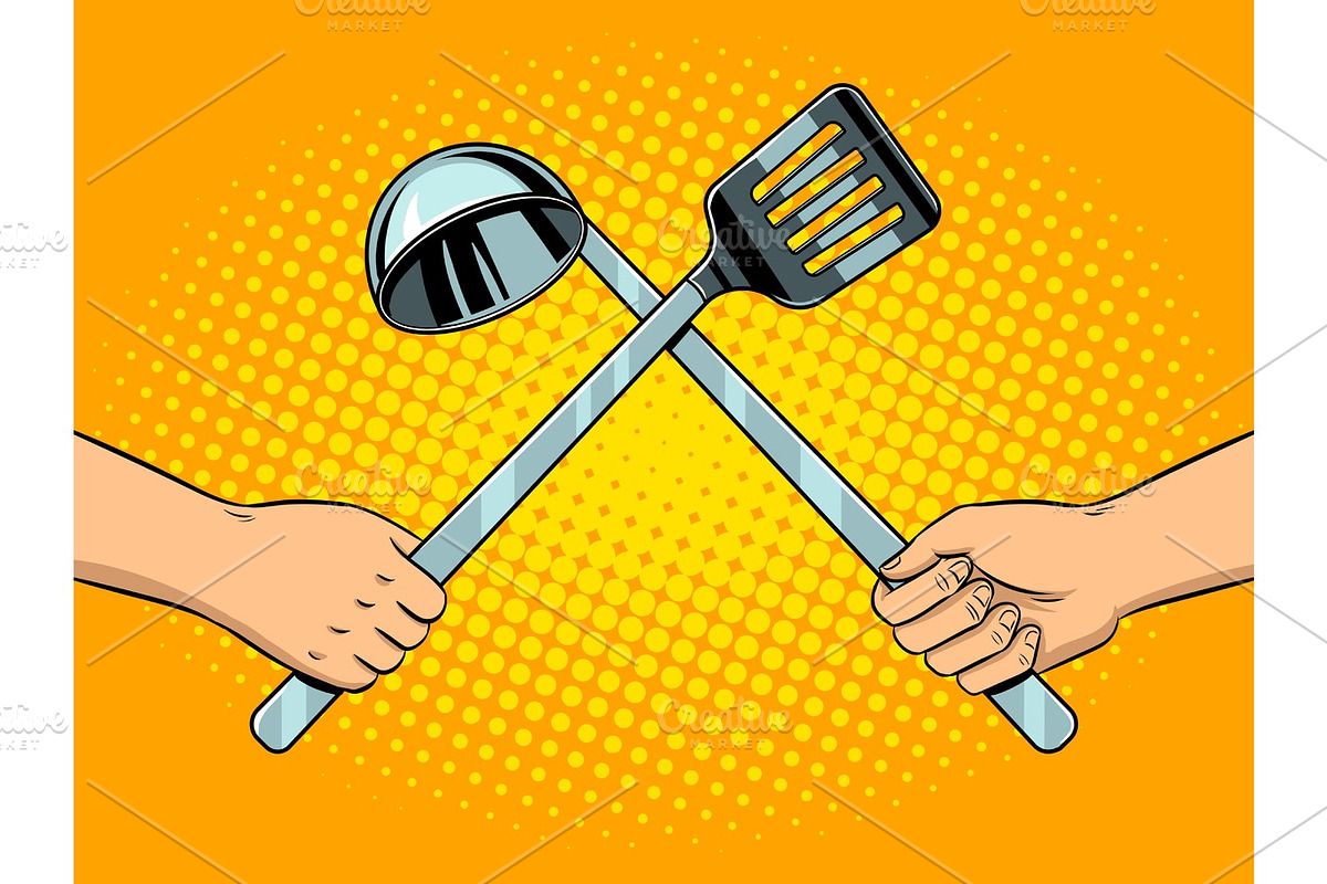 Battle on kitchen utensils pop art vector in Illustrations - product preview 8