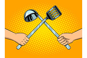 Battle on kitchen utensils pop art vector