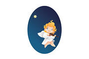 Smilyng flying on a night sky kid angel musician violinist play 