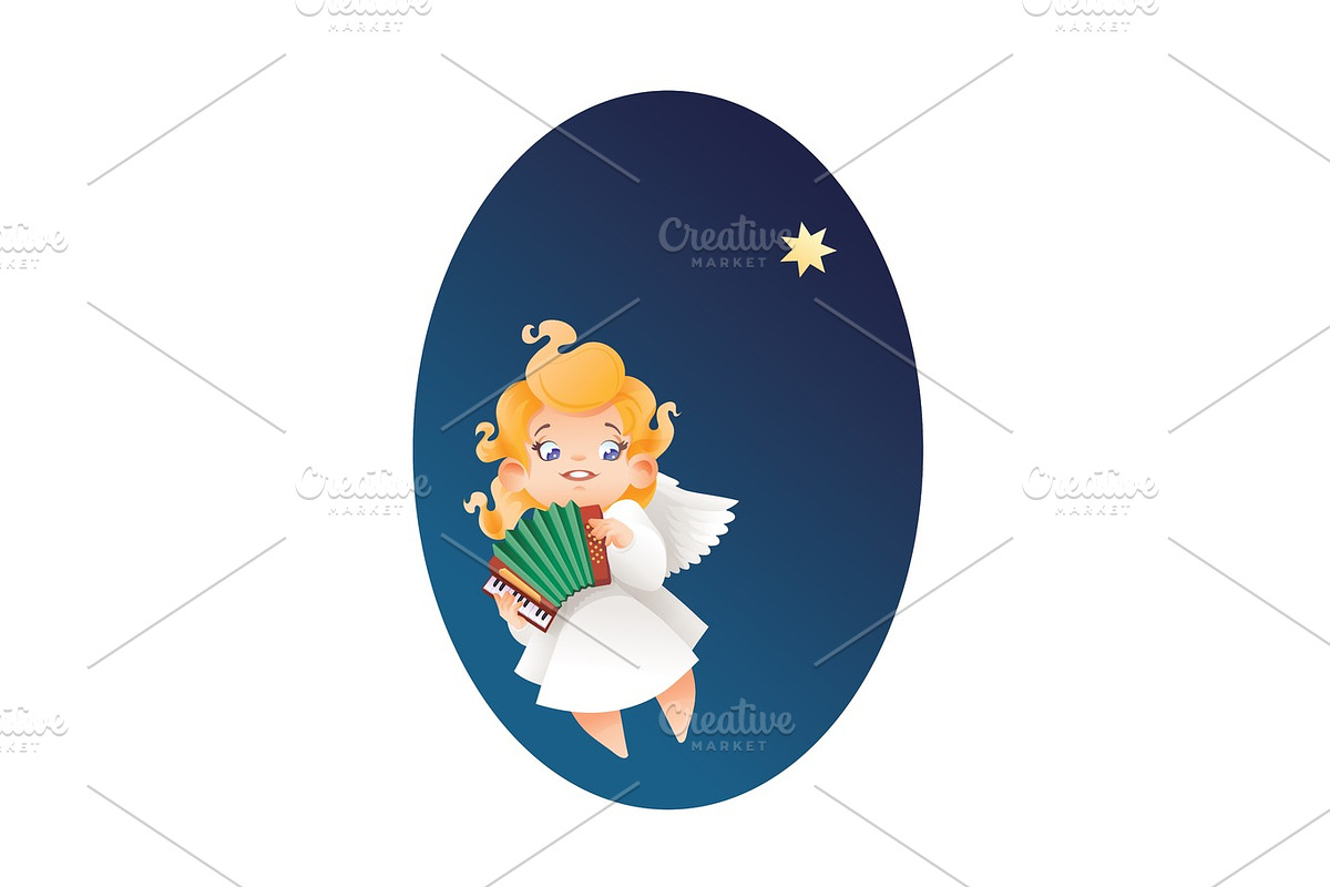 Kid angel musician flying on a night sky making music on accordi in Illustrations - product preview 8