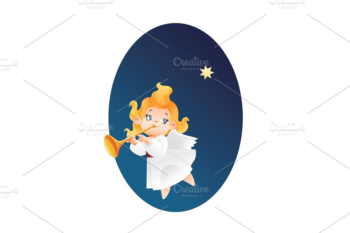 Kid angel musician  flying on a night sky, making fanfare call   in Illustrations - product preview 8