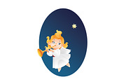 Kid angel musician  flying on a night sky, making fanfare call  