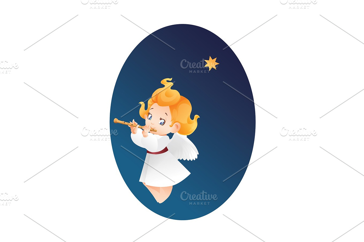 Kid angel musician flutis, flautist flying on a night sky making in Illustrations - product preview 8