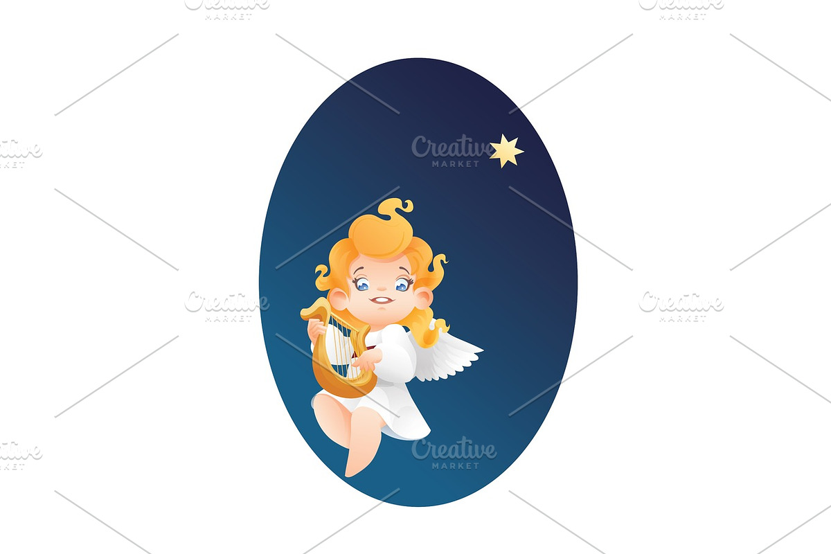Kid angel musician harpist flying on a night sky making music on in Illustrations - product preview 8