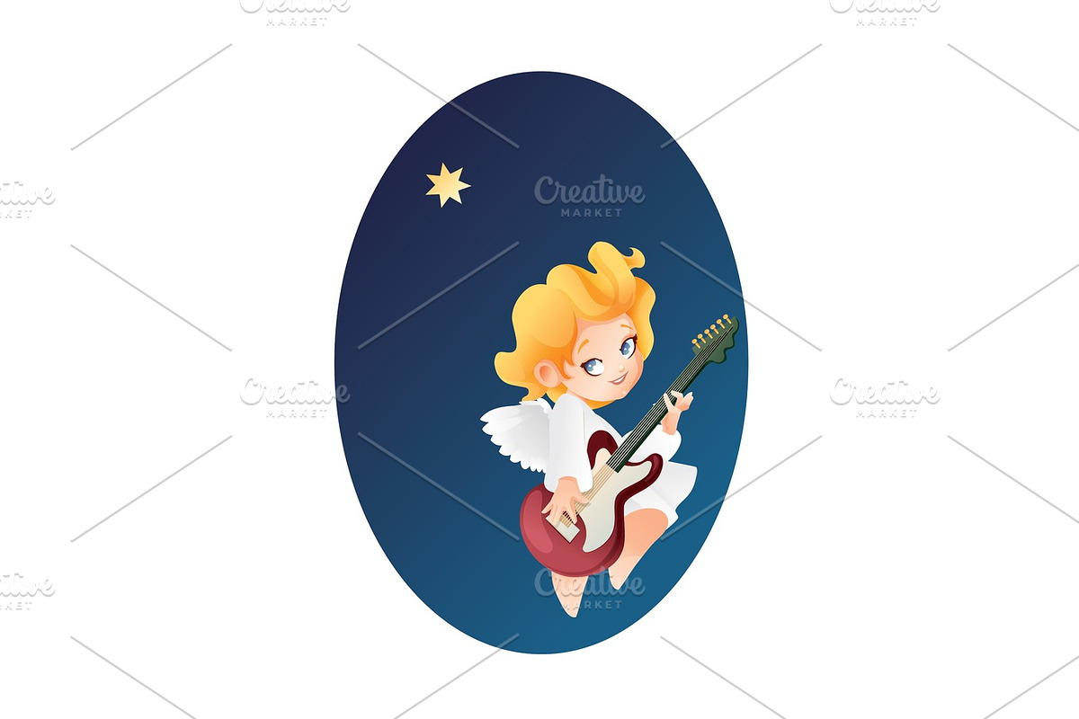 Kid angel musician guitarist flying on a night sky making music  in Illustrations - product preview 8