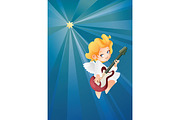 Kid angel musician guitarist flying on a night sky making music on guitar to Christmas star.