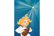luteist angel musician flying on a night sky making music on lute to a Christmas star