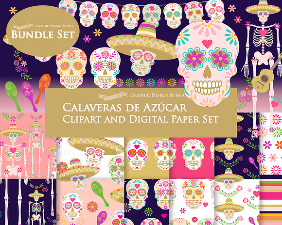 Sugar Skull Clipart+Pattern set in Illustrations - product preview 10