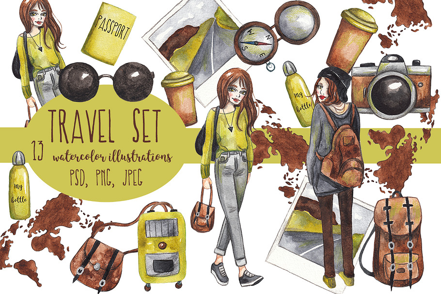 Watercolor travel set. PNG, PSD in Illustrations - product preview 8
