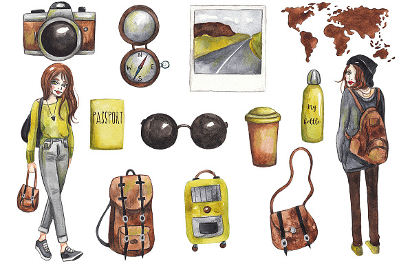Watercolor travel set. PNG, PSD in Illustrations - product preview 1