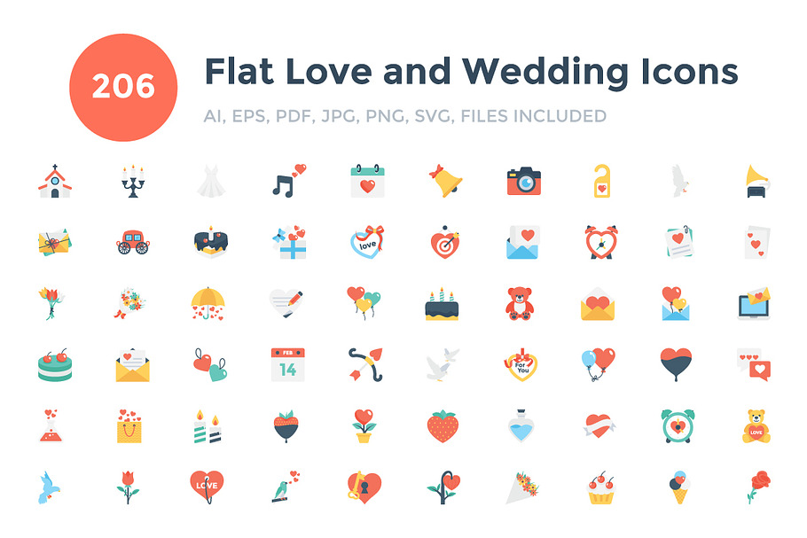 206 Flat Love and Wedding Icons 