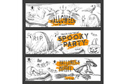Halloween night vector sketch party banners