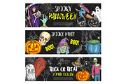 Halloween night party vector sketch banners