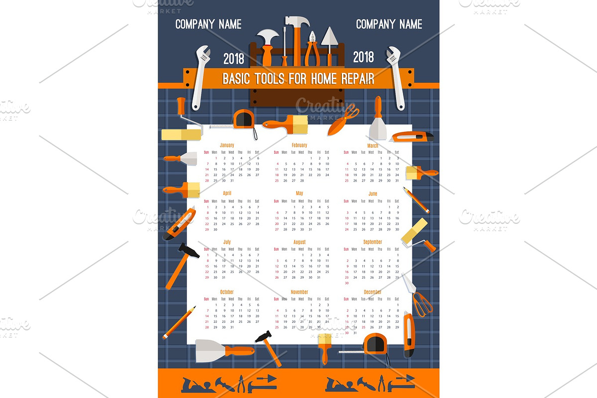 Vector 2018 calendar template of work tools in Illustrations - product preview 8