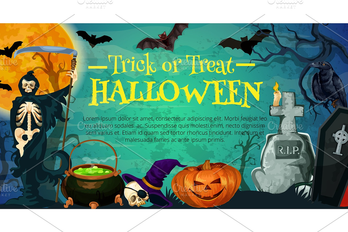 Halloween holiday poster with skeleton on cemetery in Illustrations - product preview 8
