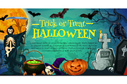 Halloween holiday poster with skeleton on cemetery