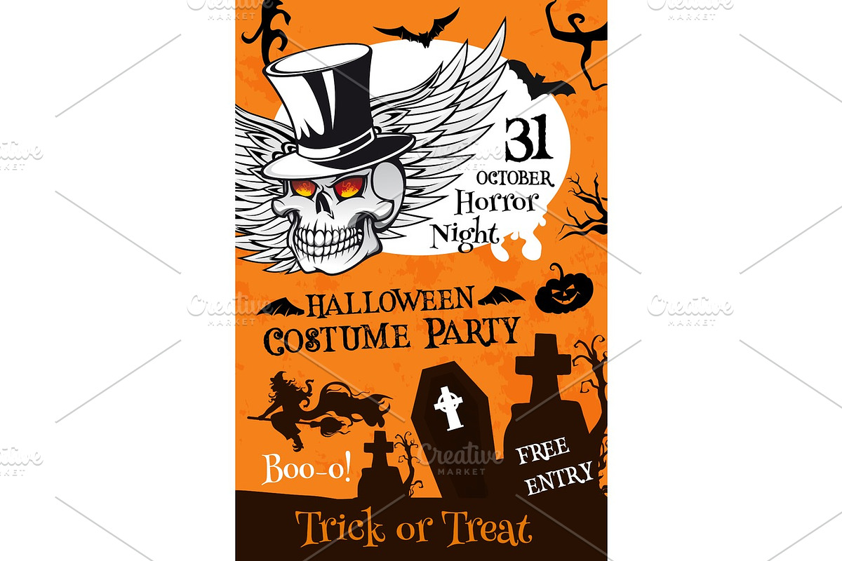 Halloween party poster with pumpkin and skull in Illustrations - product preview 8