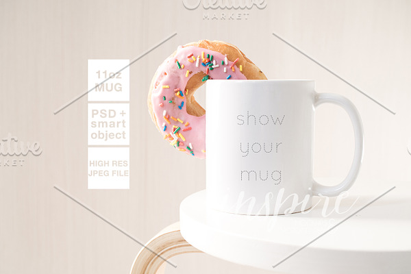11oz Ceramic Mug Mockup + Donut PSD