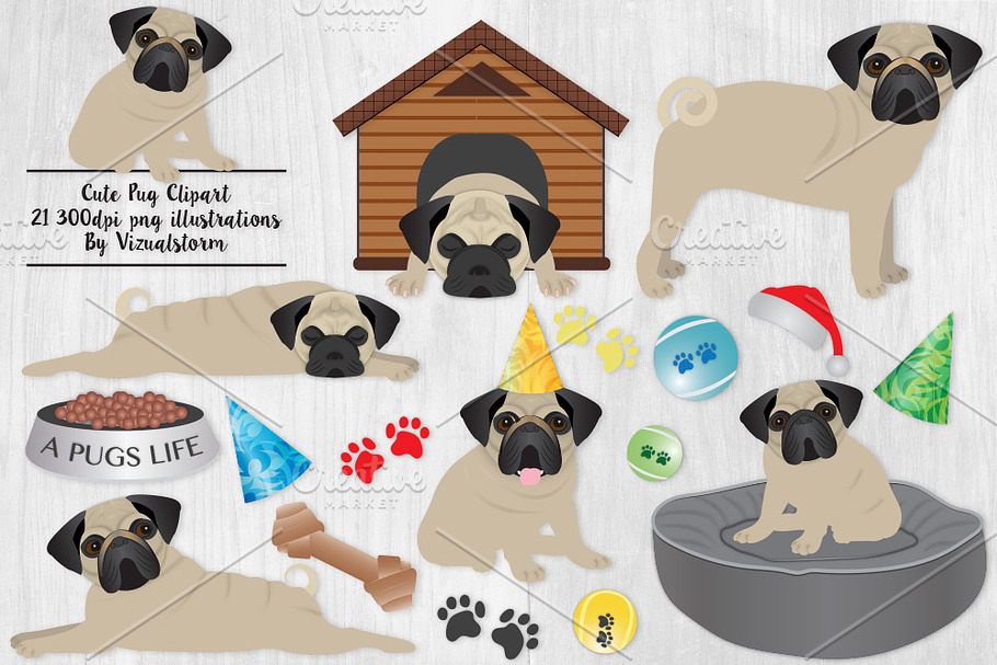 Cute Pug Birthday/Holiday Clipart in Illustrations - product preview 8