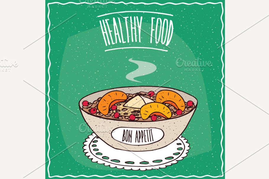 Bowl of oatmeal with peach and red currant in Illustrations - product preview 8