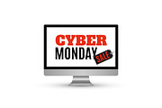 Cyber Monday sale design on computer monitor.